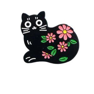 Black Cat Enamel Lapel Pin With Pink Floral Design